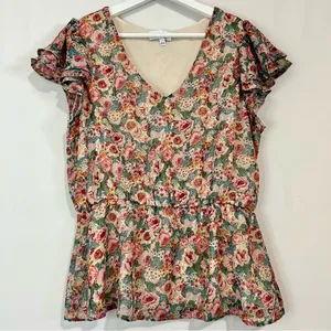 Gilli Women’s Short Sleeve V Neck Floral Print Blouse Blue Pink Size Large EUC thumbnail 1