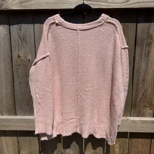 Pink V-Neck Oversized Knit Sweater Exposed Seam Pullover Medium thumbnail 4