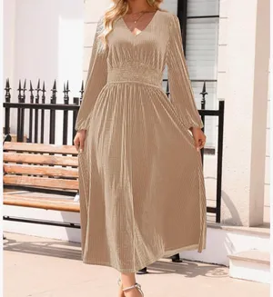 ZESICA Velvet Smocked Waist Midi Dress thumbnail 6