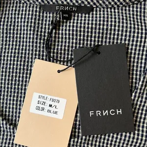 NWT! FRNCH Paris Blue White Gingham Check Long Tie Sleeve Blouse M/L thumbnail 6