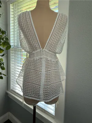 Derek Lam 10 Crosby White Crochet V-Neck Peplum Top Silk Ruched Detail Size 6 thumbnail 3