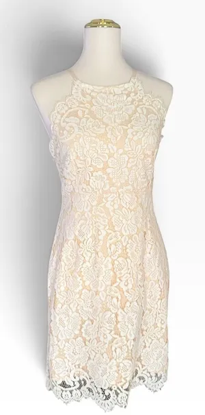 Dress Forum L Ivory Lace Open Back Cocktail Occasion Dress Wedding Halter Mini thumbnail 1
