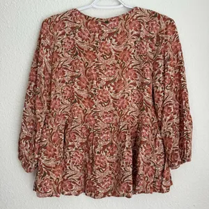 O’Neill pink and brown tropical floral peplum button blouse 3/4 sleeve size M thumbnail 5