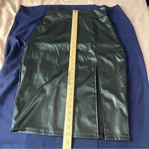 Shein Elegant Black Faux Leather High‎ Rise Front Skit Women's Midi Pencil Skirt thumbnail 12