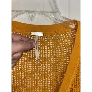 Free People FP Beach Golden Yellow Open Knit Button Cardigan Pockets Small Boho thumbnail 3