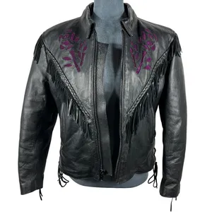 UNIK Leather Fringe‎ Biker Jacket Small Black Purple Rose Inlay Motorcycle Goth thumbnail 13