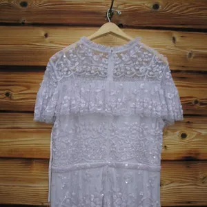 NWT Mac Duggal 9195 Illusion Mesh Overlay Ruffled Long Dress Lilac Size 14 thumbnail 11