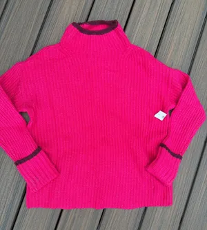 NWT Anthropologie Vibrant Pink Ribbed Turtleneck Sweater with Dark Trim thumbnail 1