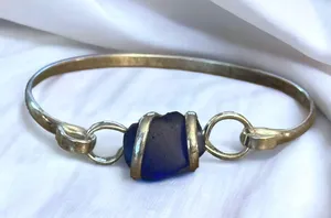 Blue Sea Glass Hinged Bangle Bracelet Silver thumbnail 1