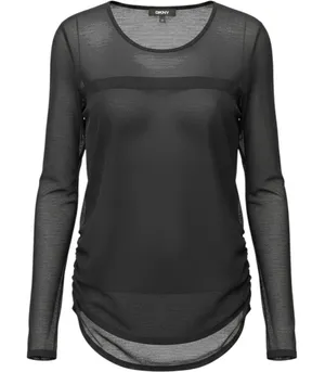 DKNY Mesh Layered Grunge Top Sheer Long Sleeve Black Ruched‎ Bodice Top Large thumbnail 1