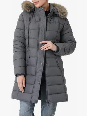 Women's Gray Quilted Long Puffer Coat with Faux-Fur Trim Hood thumbnail 4