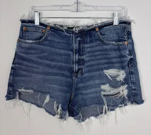 American Eagle Stretch 90s Boyfriend Denim Shorts Frayed Waist High Rise Size 10 thumbnail 1