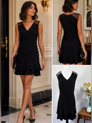 Sandro Paris Black Mesh Shoulder Tiered Ruffle Hem Mini Dress Sz 3 / L 💛 thumbnail 2