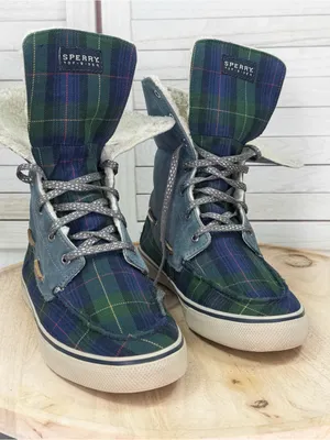 Sperry Tartan Plaid Fleece Lined Fold Over Boots Blue Green Women 11 Preppy thumbnail 9