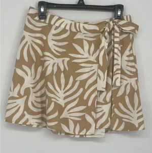 A New Day Leaf Print Tie Mini A-Line Skirt Women M Tan White Tropical Resortwear thumbnail 1