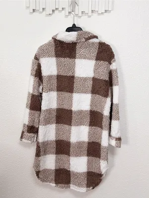 Miss Sparkling Brown Plaid Sherpa Shacket Oversized Longline Teddy Fleece Jacket thumbnail 7