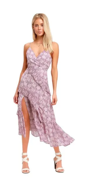 Lulu's These Memories Lavender Floral Print Ruffled Midi Dress Flawed Medium thumbnail 1