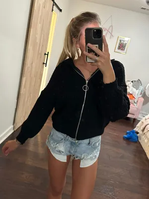 SheIn Black Hooded Zip Up Sweater thumbnail 1