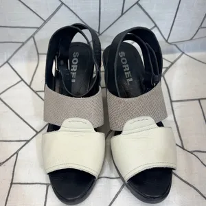 Sorel Joanie Wedge Sandals 10‎ Black Snake Embossed Leather Ankle Strap NL2852 thumbnail 6