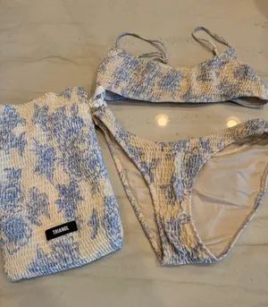 triangl swimwear Cream and Light Blue Smocked Bikini Set with Pouch thumbnail 1
