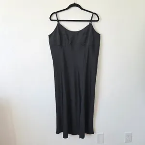 Black Satin Slip Maxi Dress Slit Empire Waist Formal Black Tie Cocktail XL thumbnail 3