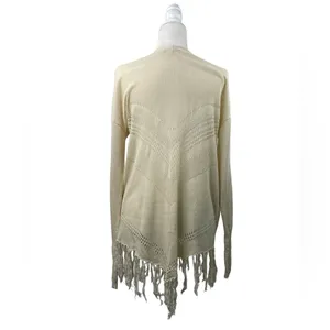Wild Pearl Open Cardigan with fringe boho cotton crochet design Large cream thumbnail 2