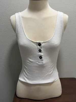 Cotton On Cropped Ribbed Henley Tank Top White S Boho Y2K thumbnail 1