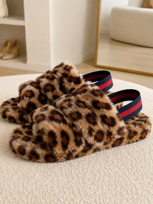 Leopard Faux Fur Slingback Slippers Fuzzy Plush House Shoes SZ 6 NWT thumbnail 4