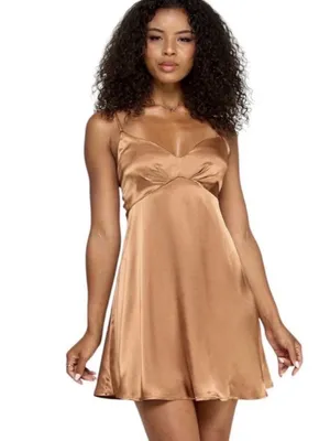 NWT Katia Rae Juniors’ Satin Sweetheart A-Line Slip Mini Dress Silky Copper Sz S thumbnail 2