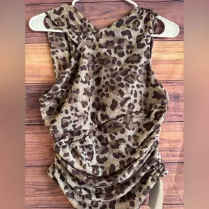 Tyssedal Studio Leopard Print Ruched Crossover Halter Bodysuit Brown Tan Large thumbnail 4