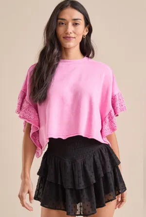 ALTAR’D STATE Kaia Crochet Flutter sleeve top in Pink Sz L NWOT $58 thumbnail 1