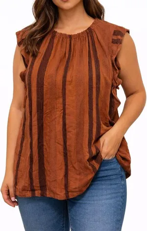 Cloth & Stone Flutter Sleeve Rust Brown & Black Striped Blouse Size XL thumbnail 1