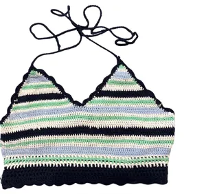 aerie Crochet Stripe Tie-Back Bralette in Navy, White, Mint & Light Blue thumbnail 1