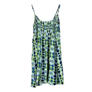 Aerie Floral Tie Dye Keyhole Mini Dress Blue Green Boho Smocked Size M thumbnail 4