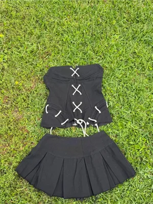 Black Corset Top & Pleated Micro Skort Set Distressed Lace Up Y2K Coquette S thumbnail 3