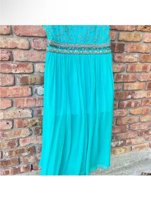 Vintage Stenay Green Gold Beaded Silk Fit & Flare Pleated Midi Dress Size 14 thumbnail 9
