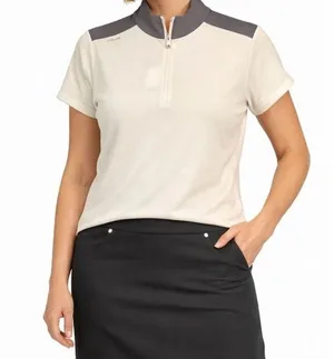 Ralph Lauren Top Womens Size L Cream Gray Short Sleeve Zip Golf Tennis NWT thumbnail 1