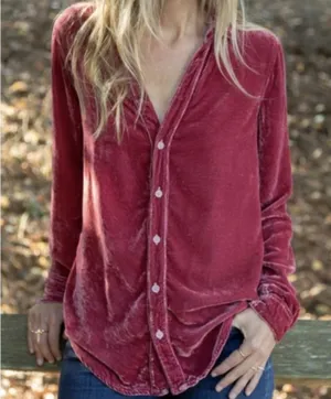 FREE PEOPLE x CP SHADES Cara Velvet Button Down‎ Shirt in Pink size Small thumbnail 1