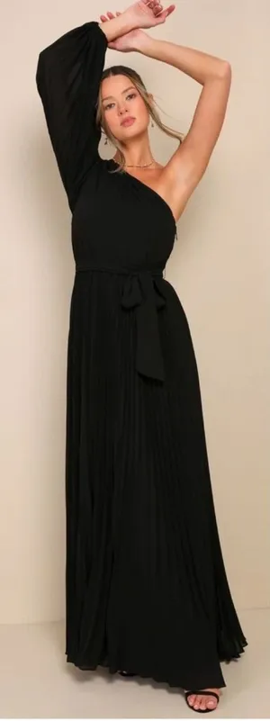 Lulus Divine Charm Black Pleated One-Shoulder Maxi Dress Size Large NWT Formal thumbnail 1