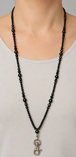 Black Beaded ID Badge Holder Lanyard 32 Inch Magnetic Clasp Swivel Clip thumbnail 1
