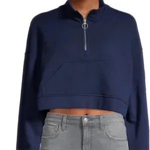 WE WORE WHAT Cropped‎ Terry Quarter Zip Pullover in Navy Blue Normcore thumbnail 2