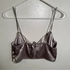 Boohoo Women's Size 6 Satin Diamante Strap Corset Top Silver Zip Back Rhinestone thumbnail 6
