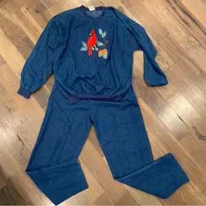 Vintage Denim Embroidered Pant Set Size Medium Blue thumbnail 1