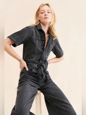 NWT Free People Edison Wide Leg Coverall Moxie Black Denim Jumpsuit XL thumbnail 5