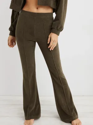 AERIE by American Eagle Groove-On Rib Velour Flare Pants in Nomad Olive thumbnail 1
