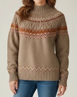 Artelier Nicole Miller Fair Isle Mock Neck Sweater Medium Brown Nordic Yoke Knit thumbnail 1