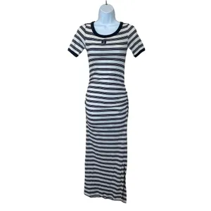 Ganni Blue White Striped T-Shirt Dress SMALL Ruched Knit Designer $325 Flaw thumbnail 6