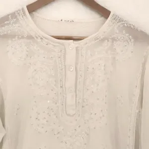 Boho Embroidered Sequin Chiffon Sheer Tunic Top‎ Womens Size L Cream Festival thumbnail 2