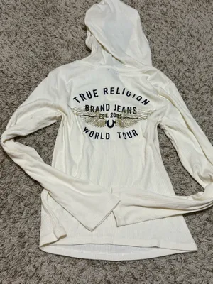 Y2K True Religion Cream Ribbed Rhinestones Wings Long Sleeve Hooded Henley Top thumbnail 2