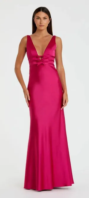MAC DUGGAL Hot Pink Sleeveless V Neck Satin Gown With Bow Details Size 4 thumbnail 1